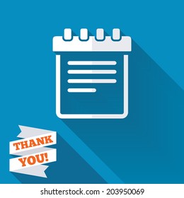 Notepad sign icon. Paper notebook symbol. White flat icon with long shadow. Paper ribbon label with Thank you text. Vector