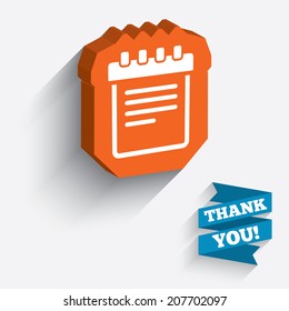 Notepad sign icon. Paper notebook symbol. White icon on orange 3D piece of wall. Carved in stone with long flat shadow. Vector