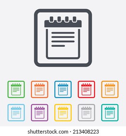 Notepad sign icon. Paper notebook symbol. Round squares buttons with frame. Vector