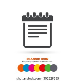 Notepad sign icon. Paper notebook symbol. Classic flat icon. Colored circles. Vector