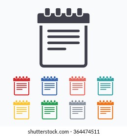 Notepad sign icon. Paper notebook symbol. Colored flat icons on white background.