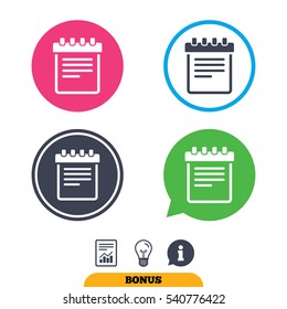 Notepad sign icon. Paper notebook symbol. Report document, information sign and light bulb icons. Vector