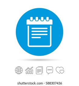 Notepad sign icon. Paper notebook symbol. Copy files, chat speech bubble and chart web icons. Vector