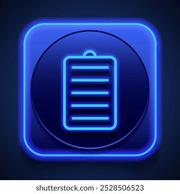 Notepad simple icon vector. Flat design. Blue neon style on button. With shadow.ai