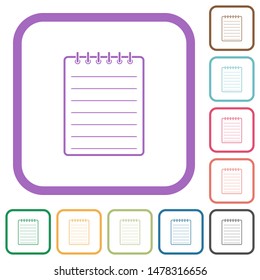 Notepad simple icons in color rounded square frames on white background