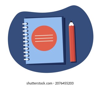 Notepad oder Skizzenbuch und Bleistift. Lila Notizblock und orangefarbener Bleistift mit Radiergummi. Vektorgrafik.