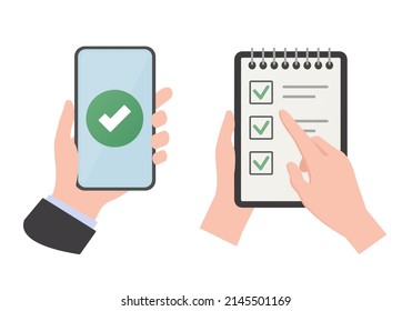 Notepad, smartphone and human hands. To do list. Colored flat vector illustration. Isolated on white background.