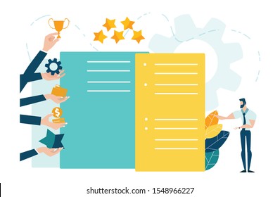 Notepad with space for text and hands of business people holding icons and symbols, money, trophy, star, gear. Business concept illustration