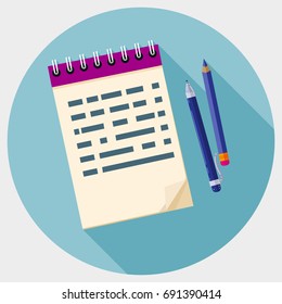 Notepad with spiral spring, a pencil and a pen, a flat icon.