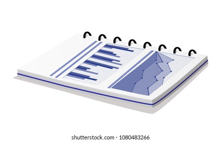 Notepad with statistical diagram vector banner, illustration isolated on white background, paper charts and data of business analytics works