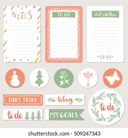 Notepad, stickers and tags for agenda. Set of scrapbook tags. Vector illustration. Isolated.