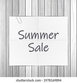 Notepad Summer sale text on wooden background. Vector illustration.