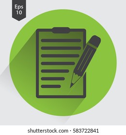 Notepad Symbol. Simple Flat Icon Of Paper And Pen. Notebook With Some Text. Vector Illustration