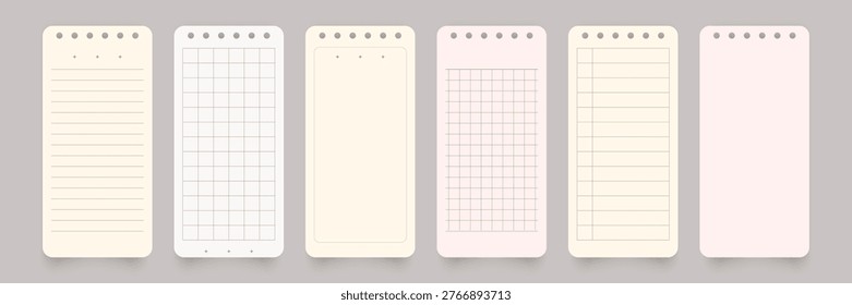 Notepad templates set with lined grid and blank paper layouts in neutral pastel tones suitable for planners printable stationery note taking and digital organization.Vector illustration