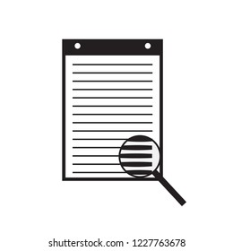 notepad with text and magnifier. Icon