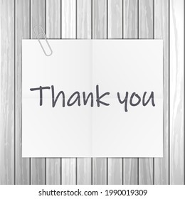 Notepad thank you text on wooden background. Vector illustration.