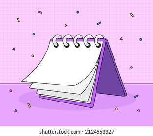 Notepad, das verschiedene Pläne zur Illustration aufzeichnet und ankündigt. Tagebuch, Liste, 3d, Brief. Vektorgrafik. Handgezeichnet.