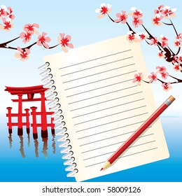 Notepad for travel writing on the background of the Japanese landscape