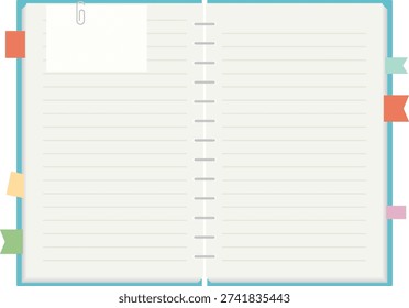 Notepad, unfolded notebook with notes, diary. Vector, cartoon illustration, postcard, poster. Vector image.