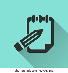 Notepad vector icon with long shadow. Black illustration isolated on green background for graphic and web design.