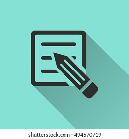 Notepad vector icon with long shadow. black Illustration isolated on green background for graphic and web design.