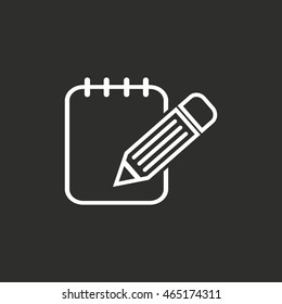 Notepad vector icon. White illustration isolated on black background for graphic and web design.