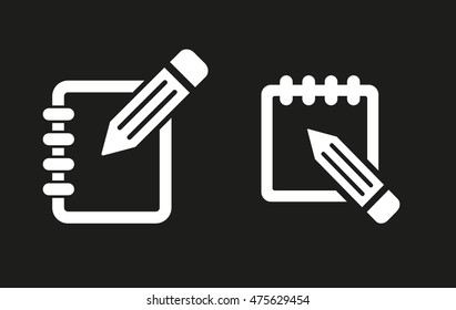 Notepad vector icon. White illustration isolated on black background for graphic and web design.