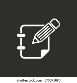 Notepad vector icon. White illustration isolated on black background for graphic and web design.