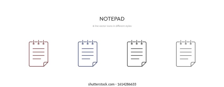 Notepad vector icons. Notebook line icons in different styles.