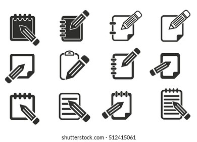 Notepad vector icons set. Black illustration isolated on white background for graphic and web design.