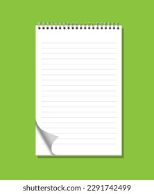 Notepad Vertical, realistic spiral notepad or notebook isolated on green background, Realistic notebook or notepad isolated, lined white paper curled, spiral book empty paper.