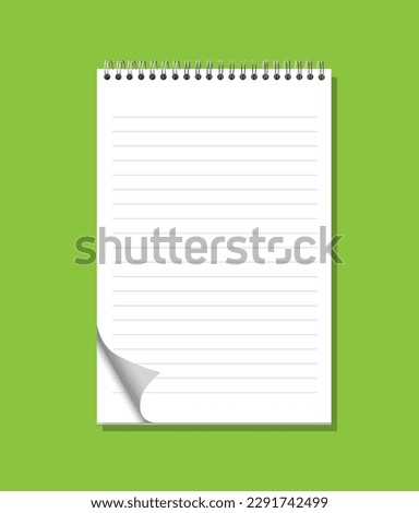 Notepad Vertical, realistic spiral notepad or notebook isolated on green background, Realistic notebook or notepad isolated, lined white paper curled, spiral book empty paper.
