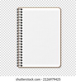 Notepad with a vertical spring spiral. Notebook with checkered sheet. Vector illustration on a transparent background