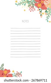 Notepad with white background and flower decoration placed in the corners. To use for a shopping list, or any other list to remember. Vector and illustration design.