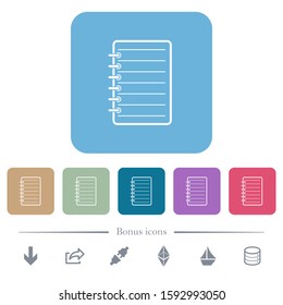 Notepad white flat icons on color rounded square backgrounds. 6 bonus icons included