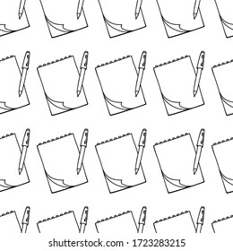 Notepad with white paper sheet and pen. Clipboard seamless pattern