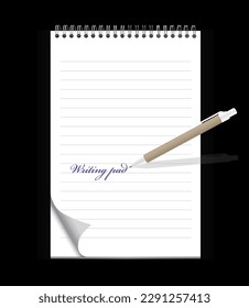 Notepad and writing pen vector illustration on black background, notepad writing concept, paper vector illustration, spiral letter pad isolated, lined white paper , notebook paper corner curled