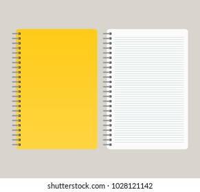 Notepad with a yellow cover and with a binding from left side. Vector illustration
