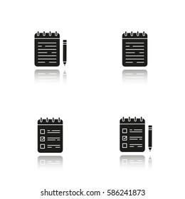 Notepads drop shadow black icons set. Notebooks and to do lists with pencils. Diary. Isolated vector illustrations