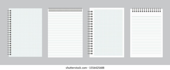 Notepads with empty lined and checkered paper with binder iron spiral. Set of four notebooks sheets. Vector illustration 