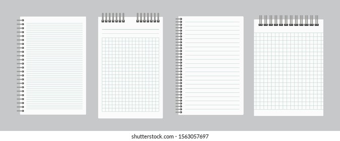 Notepads with empty lined and checkered paper with binder iron spiral. Set of four notebooks sheets. Vector illustration 