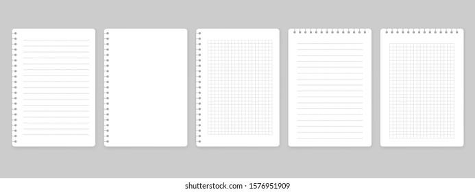 Notepads with empty lined and checkered paper. Set of notebooks sheets. Vector illustration