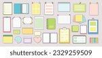Notepads and notes set. Various colorful charter sheets and planners, notepads and ring pad, bookmarks and pages. Types of paper for write. Cartoon flat vector collection isolated on white background