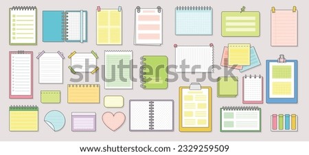 Notepads and notes set. Various colorful charter sheets and planners, notepads and ring pad, bookmarks and pages. Types of paper for write. Cartoon flat vector collection isolated on white background