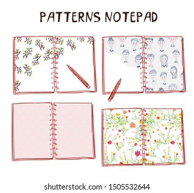 Notepads set with patterns for girls. Vector graphic illustration