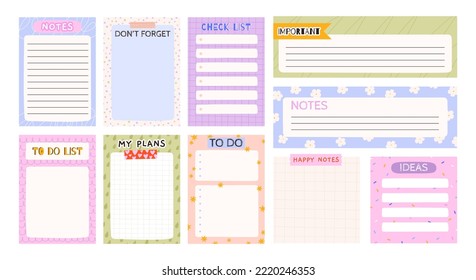 Notepads sheets template. Cartoon kids planner pages, to do and check list. Notepad schedule and lined paper. Racy cute diary journal vector design