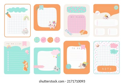 Notepads template. Page list notes organizing, notepad diary for kids used. Cute planner design with stickers, blank memo pad or nowaday notebook vector set