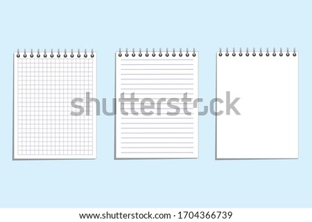Notepads three pieces with sheets in a cage, in a ruler, blank, on a blue background. Vector illustration.