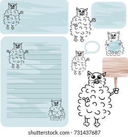Notepaper with cute furry kittens for your notes and marks. Hand draw.  A cat with nameplate for your text. Cute furry kittens