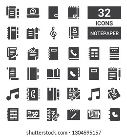notepaper icon set. Collection of 32 filled notepaper icons included Agenda, Notebook, Notes, Notepad, Note